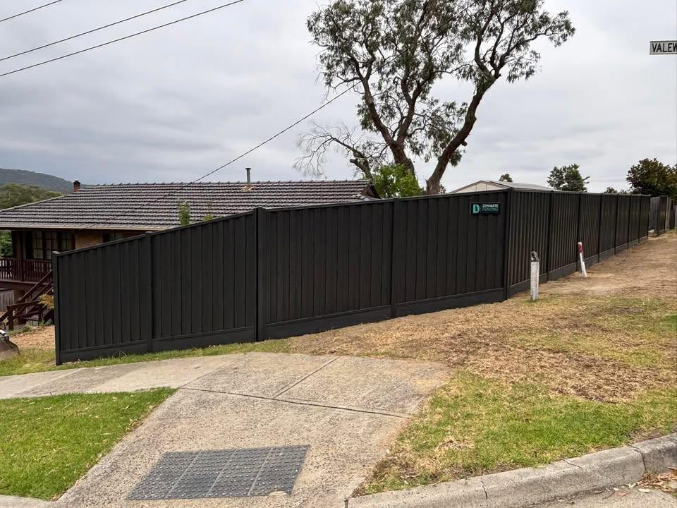 Dark panel boundary fencing by Dynamite Fencing, following a sloping residential frontage